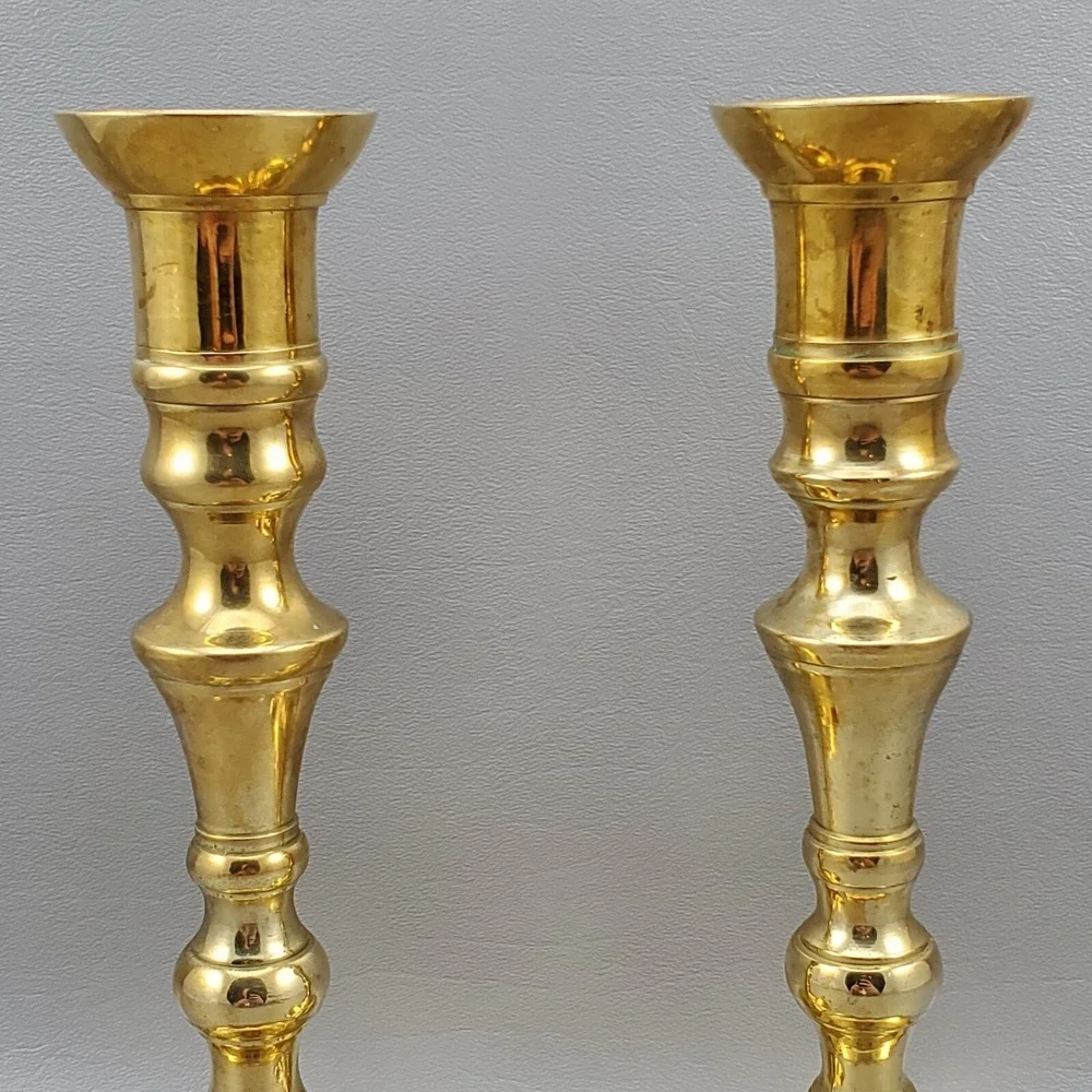 Brass Spindle Tapered Candlesticks Pair Scalloped Base MCM India 8